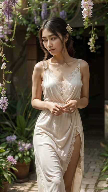Une belle fille choisit une élégante robe blanche à fleurs à épaules dénudées et fendue jusqu&#39;aux cuisses. . Ambiant: Le dîner-croisière est illuminé par de douces bougies, et les invités dégustent une cuisine gastronomique tout en naviguant sur les eaux hivernales. Le bruit des vagues douces et un cadre romantique. Elle a des cheveux bruns soyeux, gros yeux marrons, beau visage, peau du visage brillante, sans impression, très beau modèle Instagram, image réaliste. composition dynamique, mouvement, ultra - détaillé, incroyablement détaillé, beaucoup de détails, détails et coups de pinceau étonnants, lisse.