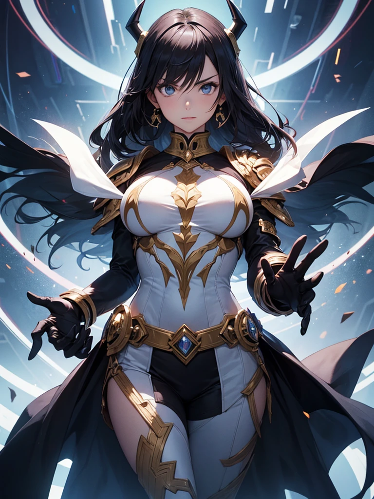 a mature woman, a china woman, Confident, mighty and strong, (black blue hair streaked sky blue luminous hair), ((Extra long high ponytail with single side ear front hair combed in back)), floating hair, hair strand, shiny hair, blue amber eyes, pupils sparkling, aqua eyes, glowing eyes, pupils sparkling, upturned eyes, long upper eyelashes, double eyelids, deep red purple lips, white crystal earrings, a slight smile, (((Glowing clothing effect))), (Silver full body heavy armor), (super high exquisite black and gold twin color pattern on silver armor:1.6), ((The left forearm is surrounded by fire)), ((The right forearm is surrounded by lightning)), (A huge upright magic ring of fire and thunder appears behind the shoulder:1.4), She is a war goddess, Random pose, Random expressions, Random background, White light surrounding the body, god rays, anime, full_body, Wide-Angle, UHD, masterpiece, award winning, 8k, super detail, best quality, retina, ccurate, super textured skin, super detail face, perfect face, Super fine facial details, beautiful and delicate eyes, perfect eyes, anatomically correct, correct limbs, correct finger, super detail finger, best hair quality, best clothing quality, best prop quality, best totem detail and quality, complex totem detail