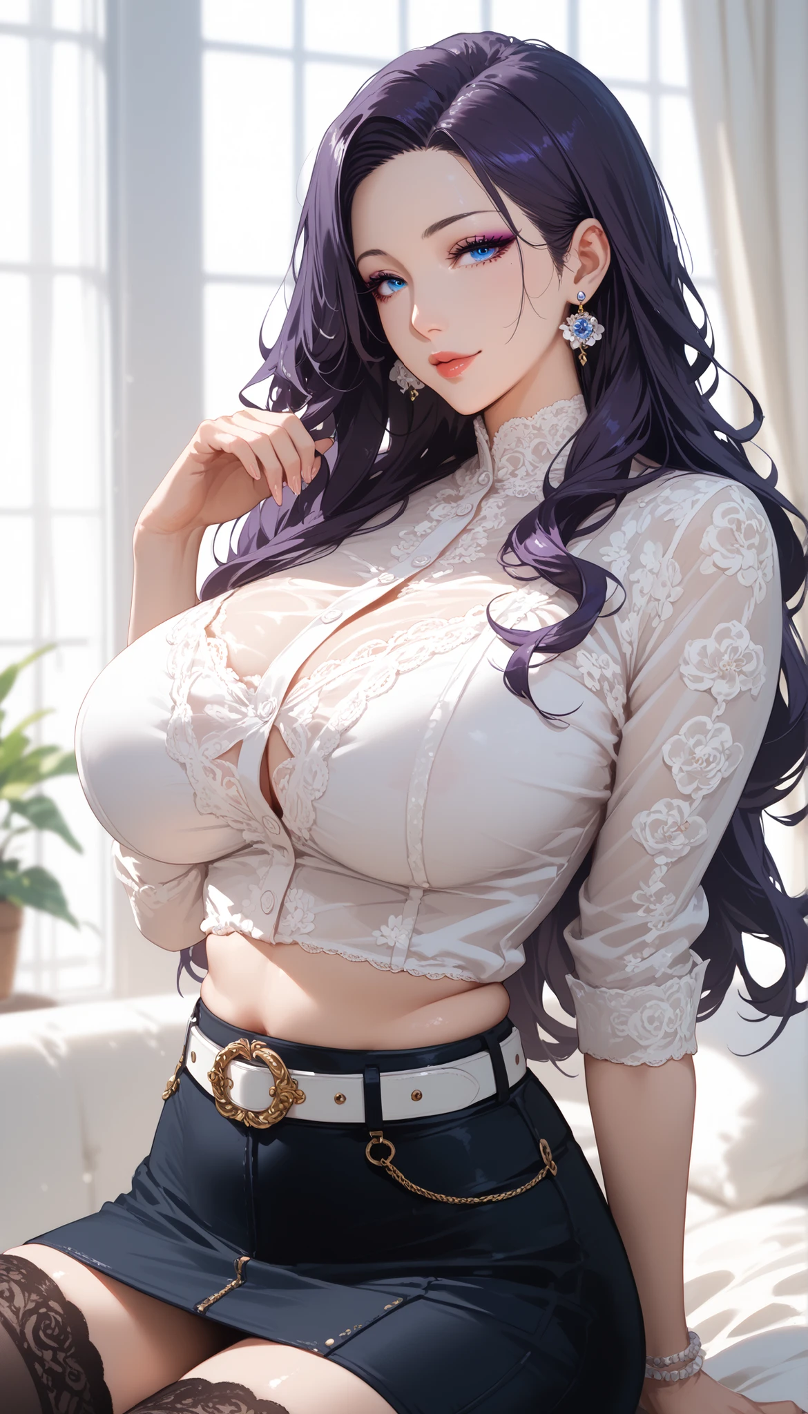 Riko Katsurahama, masterpiece, best quality, highest quality, ultra-detailed, extremely beautiful detailed, 1girl, solo, beautiful woman, (huge hanging boobs:1.0), cleavage, brown eyes, slant eyes, blue hair, long hair, (blunt bangs:1.2), black hair ribbon, shiny hair, shiny skin, blush, open mouth, curvy, thigh strap, blue shorts, front-tie top, hair ribbon, midriff, panty straps, white shirt, black choker, open jacket