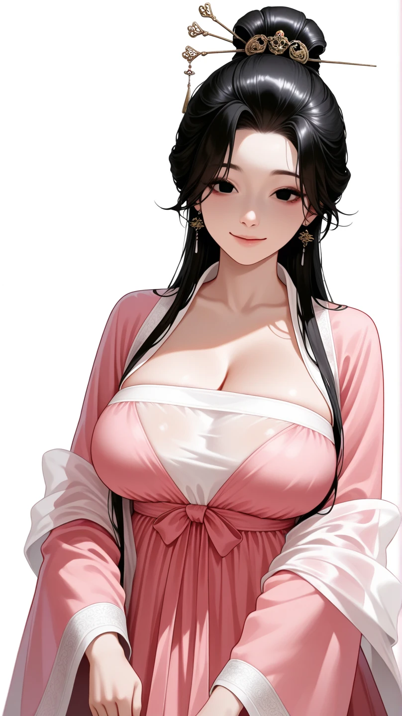 Beautiful ,sexy ,hot woman bending down and showing cleavage, black eyes, black hair, long hair, big breasts,  long chandelier earrings ,kimono,short hair , smiling, lipstick 