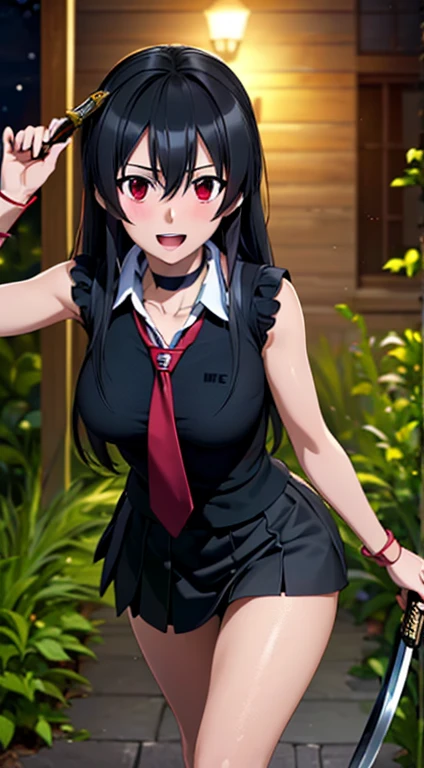((masterpiece, best quality, high resolution, UHD, pixel perfect, depth of field, 8k, RTX, HDR))cowboy shot, BREAK, 1girl, single, alone, beautiful anime girl, beautiful art style, anime character, ((style of Akame Ga Kill!)),((long hair, black hair)), (purple:1.4, round eyes, beautiful eyelashes, realistic eyes), black panties, big teats 1.7, with cleavage, nipples, neckline, blushing, wearsa red plaid pleated miniskirt, miniskirt fluttering in the wind, white shirt, black bra, wearing a black choker, in a garden with a sun day, sexy pose.