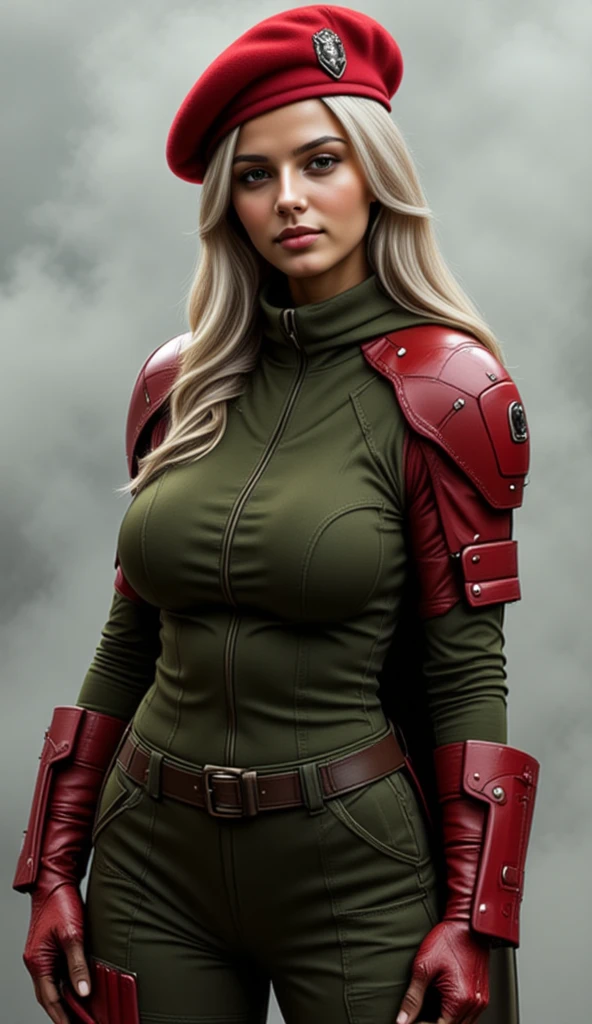 Beautiful Face Woman、a blond、Camouflage pattern background、 Beautuful Women、18year old、prety woman、hyper realistic photography、High-definition photos、Red Lipstick、Mandalorian Style Metal Armor Skirt Suit、big eye、The skin is not very exposed、Do not cut your head off the screen、skirt by the、camo