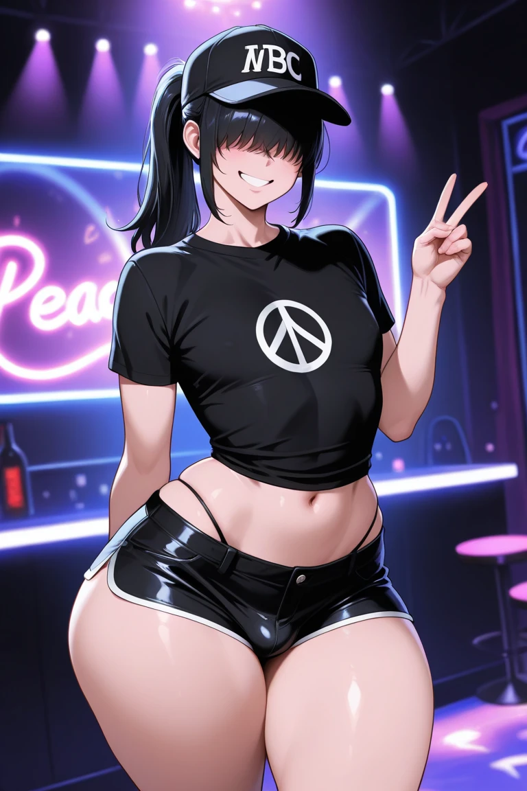 ((highres)), Masterpiece, high quality, best quality, beautiful, perfect lighting, detailed face, ultra cute face, ((1girl)), ((solo), skindentation, full body, short hair, (black hair), ((hair over one eye)), (Fluffy hair), messy hair, looking at viewer, green eyes, (((blush))), warm smile, nervous, affectionate, cute, goth girl, sweating, ear piercing, choker, ((black crop top)), plaid skirt, (short skirt), thigh highs, black arm warmers, medium breasts, cleavage, ((wide hips)), (((thick thighs))), (pudgy belly), standing, arcade