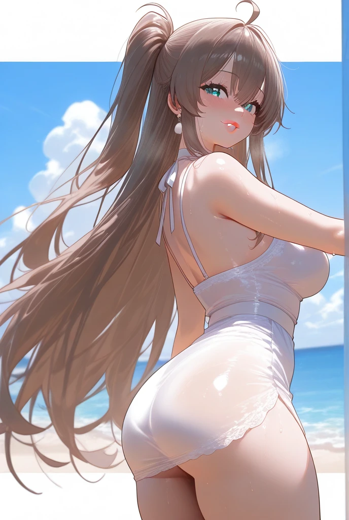 (from below:1.2),22 year old beautiful girl,Purplish blue eyes that dreamers ,(Blonde hair) , small stature, (masutepiece:1.2, Best Quality),(finely detailed beautiful eye: 1.2),(beautifull detailed face),(perky chest:1.1),(pointed chest:1.2),(cakes magazine cover:1.5),(Best Illumination, extremely delicate and beautiful),sexy p,make a cocktail  a bar counter,Ultra Contrast,Braid a little around the ears, White long dress, (very detailed),(Raw photo, highest quality),(realistic, Photoreal:1.3), high detail, very detailed complex 3D rendering of face, (very detailed skin:1.2), dynamic angle, fire glow effect, professional lighting, side light, cinematic light, a super high resolution, 8K , best shadow, particles of light, Fine skin texture, detailed face, intricate details, Super detailed, shine, Please reconsider, full body,, beautiful face, shiny skin, thin, nice companion, delicate body, thin legs, naked apron, wl on all fours:0.5)), beautiful back, butt,little turn ad, (A picture from a little behind:0.1), bend the body, the skirt is floating in the wind, Dark purple panties, thin Pubic hahest quality, high resolution, Real World, Natural light, perfect Natural Light, ((the tip is protruding, areolas protruding,The shape pubic area is clearly visible:0.9)),Wet thighs,Realistic, (cute, perfect clothes, skimpy clothes:0.8, cute: 1.3) ,narrow waist,(with sparkling eyes and a contagious smile), open mouth, looking at viewer,
