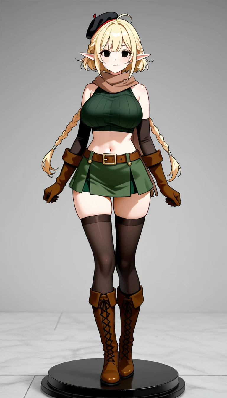 ((Full body photo, standing, feet on the floor)) Beautiful 1girl, full body, teenager, solo, (very long waist length blonde hair, straight blonde hair: 1.28), ((light blue eyes)), clear skin, (large darker fox ears: 1.35), pale skin, medium breasts, cleavage, (thin hips, thin waist , athletic body: 1.25), background, looking away, (wearing cropped cloth tunic green, leather skirt, van braces, boots with shin guards, hair clip: 1.1), walking in the sand, masterpiece, best quality,3d rending work ,3DMM style, close-up, portrait, 3D,