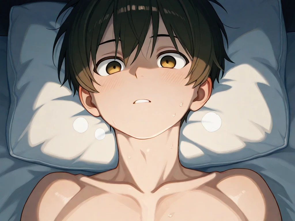 (highest quality,Cowboy shot:1.2),(perfect beautiful face:1.2),(perfect and beautiful posture:1.2),(Solo,Japanese mature woman lying on the bed,(pov_strangling:1.5),((messy short cut hair), (confused:1.3,embarrassed), shyness:1.1),((flat chest)), (Sweaty, sunburned skin),((open mouth:1.3)),Looking at viewer,bedroom,((scared expression,constricted pupils:1.3,tears)),Sexy glitter border bikini,arms up:1.3(penis awe from bottom,cum inside:1.3),