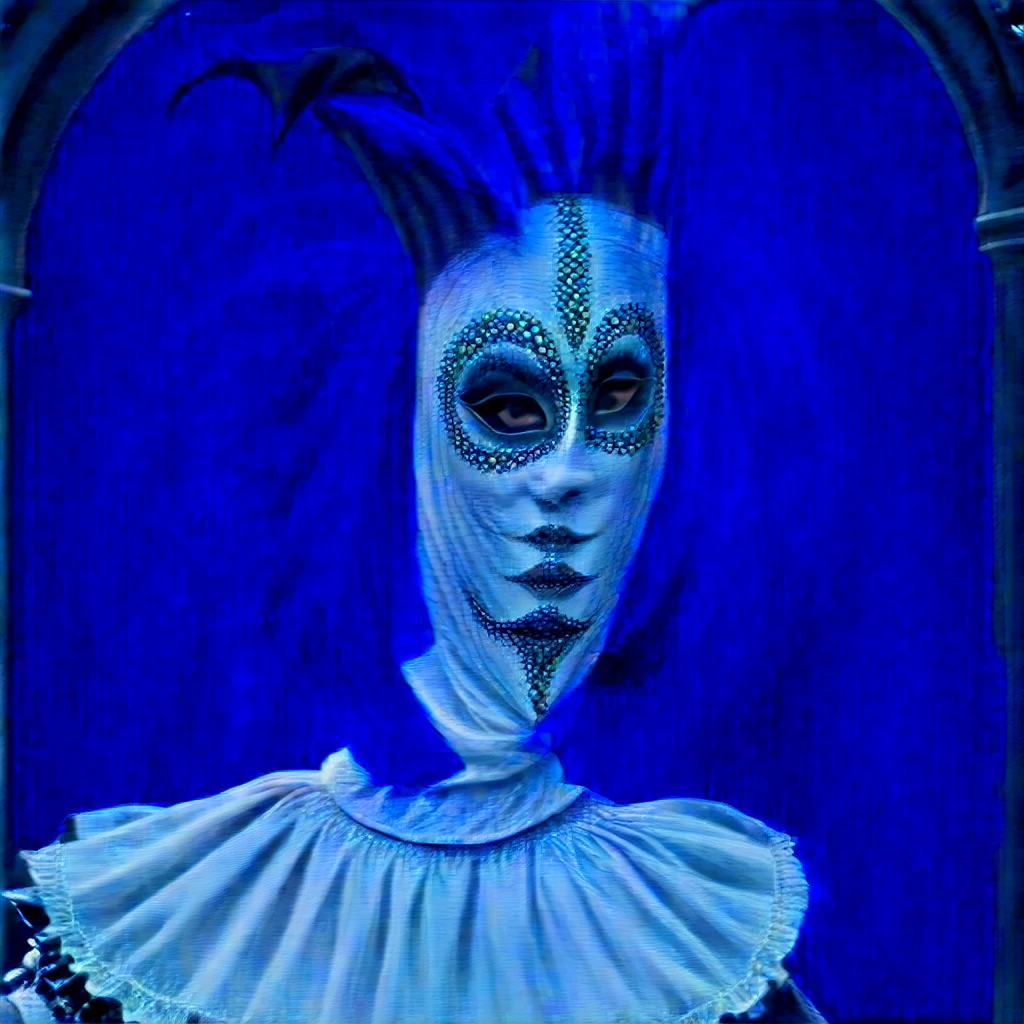 Venice Carnival,Asymmetrical Mask,White Mask,whole body,Flashy protrusions,Long black hair,No people,No background,Highest quality,masterpiece,High resolution,8K