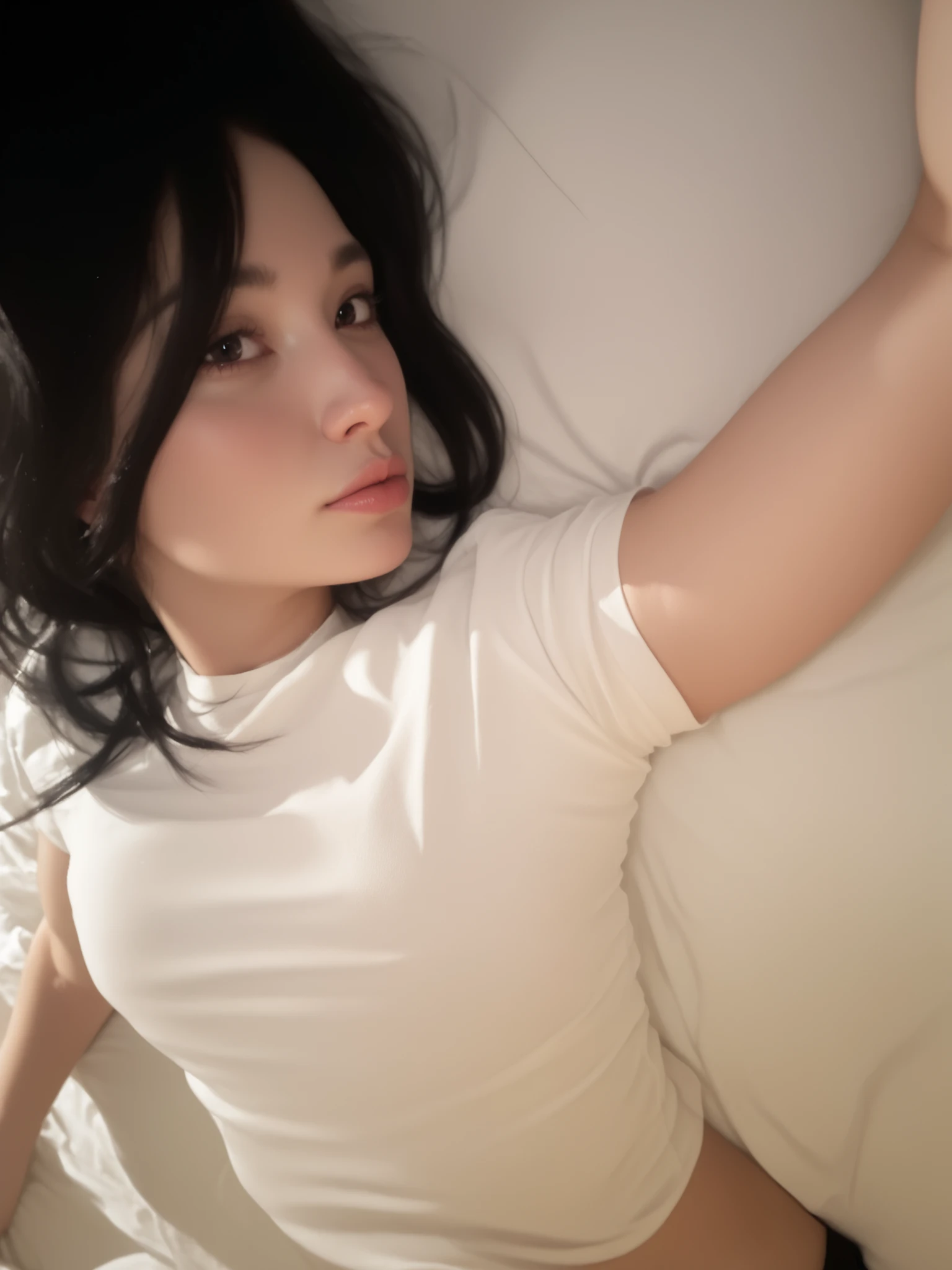 ((body selfie)), lying down in bed, long white t-shirt, (black shorts)