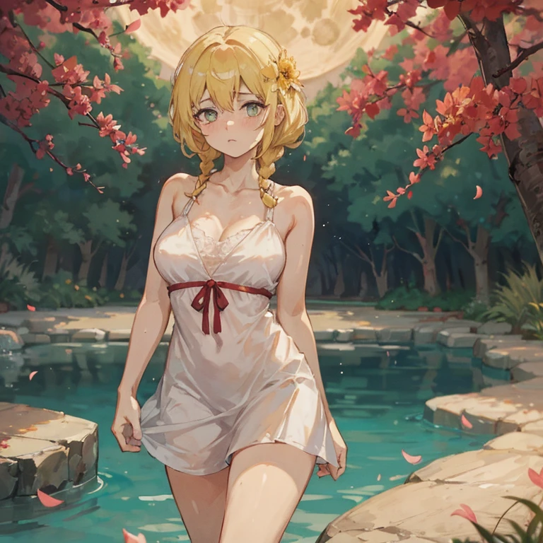 1female, adult, big breast, tan skin, finely detailed coral eyes, short wavy bob, coral ombre hair color, bikini top, shorts, blushing, standing in flower field, waterfall, night, cocky grin, village background, delinquent