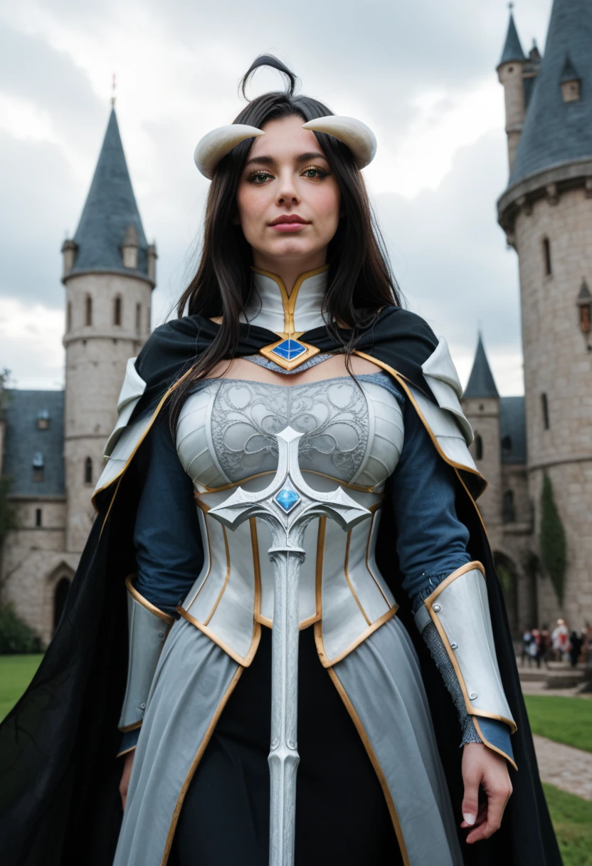 1girl, masterpiece, realistic, upper body of musketeerdress woman in palace gothic, blue dress, details, hat, cross symbol, boots, <lora:ARWAMusketeerDress:1> <lora:ARWBedroomGothic:0.65>