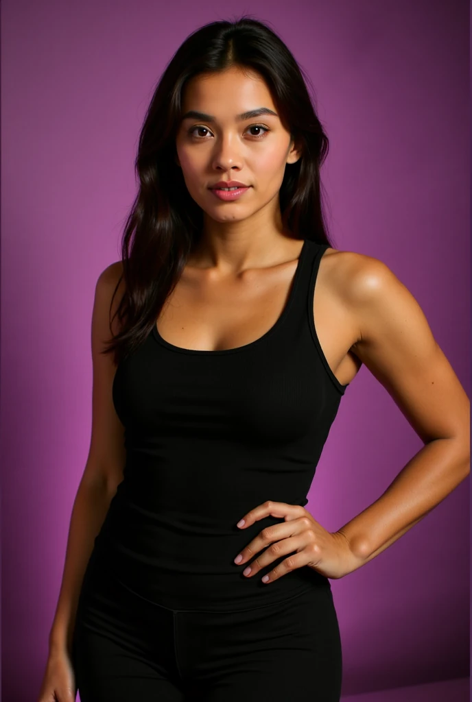 there is a woman standing with her hands on her hips, wearing a camisole, she is wearing a black tank top, tight black tanktop, wearing black camisole outfit, photo of slim girl model, wearing a black cropped tank top, wearing a vest top, wearing a cropped black tank top, wearing : tanktop, wearing a tanktop