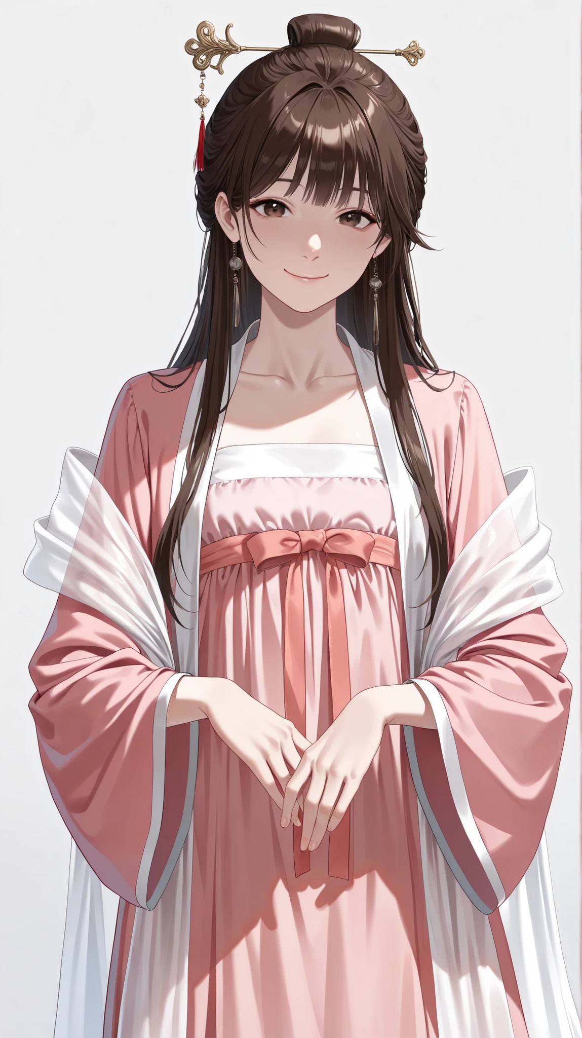 very aesthetic, 걸작, 고해상도, 8k 해상도, high contrast, semrealistic, newest, koreanai, best_quality, finely_detailed_eyes_and_detailed_face, (1 girl), brown_eyes, brown_hair, long_hair, chill out, cute, (updo_hair, slicked_side), ruanyi0758,hanfu,pink dress,see-through,shawl,wide sleeves,jewelry, hairpin, looking at viewer, front_view, cowboy_shot, (white_background), (cute:1.4), (short_height:1.4), (smile:1.4)