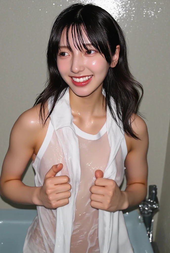 (best quality:1.2), masterpiece, Realistic, Ultra-high resolution, ((a beautiful Japanese idol woman:1.2)), (Gaunt:1.3), (((Very flat chest:1.4))), ((Baby Face)), ((upper body)), (nup, cheerleader:1.2), (show me your armpit:1.2), (sweaty armpit:1.3), ((Armpits are wet and shiny with sweat)), She has skin that sweats easily Soaking wet, Sweaty, (I can see my pores:1.2), topless, solo, smile, standing, looking at viewer