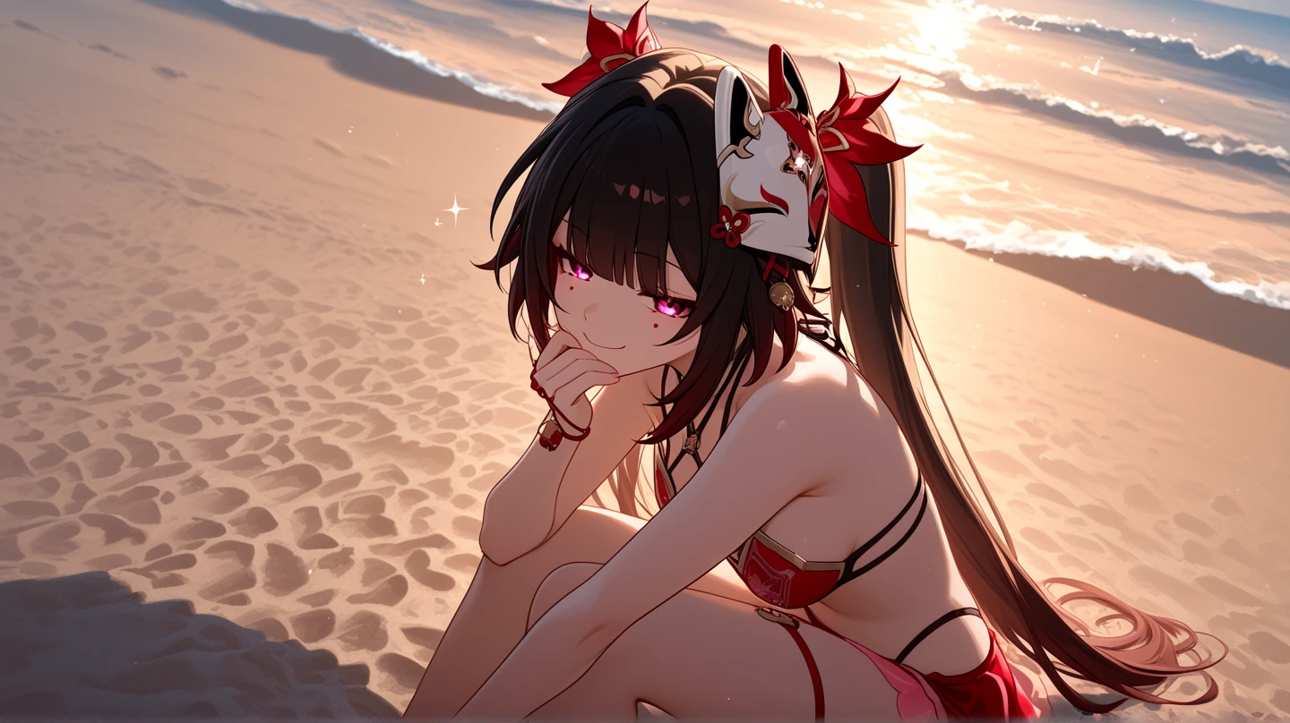 detailed background, masterpiece, best quality, 1girl, ookami mio, black hair, wolf ears, streaked hair, yellow eyes, flipped hair, spiked hair, large breasts
tan lines, bikini, beach, evening, sunset,