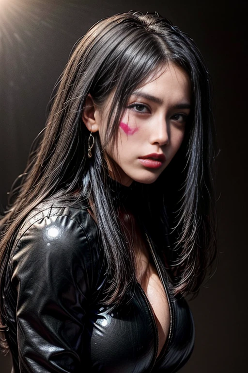 Best quality, masterpiece, Beautiful, young latina woman, looking straight at viewer, wearing simple shirt and jeans, open red jacket on top, posing against wall, professionalism, teen age, detailed face, detailed body, symmetric face, big cute eyes, cute face, dynamic pose, tattooed hands, deep cleavage, perfect anatomy, photorealistic, slim body, black braid hair, 8k, ultra realistic, grafiti wall background, neon lights, wallpaper, ambient occlusion
