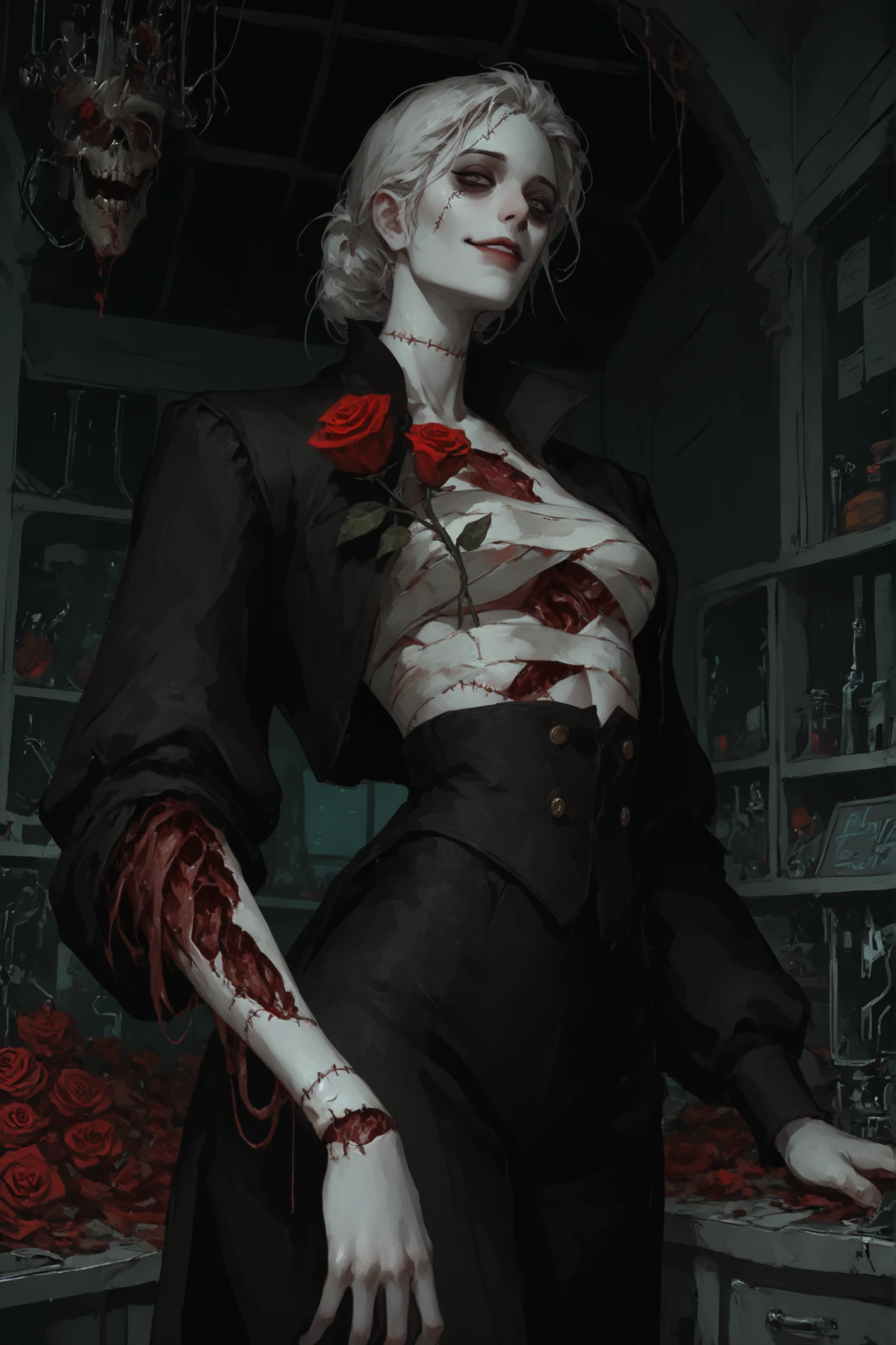 solo, female, undead, stitched, close up, crypt, stitches, uneven, discoloration, morbid beauty, cowboy shot, beautiful, bags under eyes, pale white skin, sarashi, bindings, tall, Victorian, solo, classy, lab, looking at viewer, night, decrepit, alembic, equipment, brass, solo, very slender, malnourished, gentle smile, indoors, roses, flesh, gore, elegant