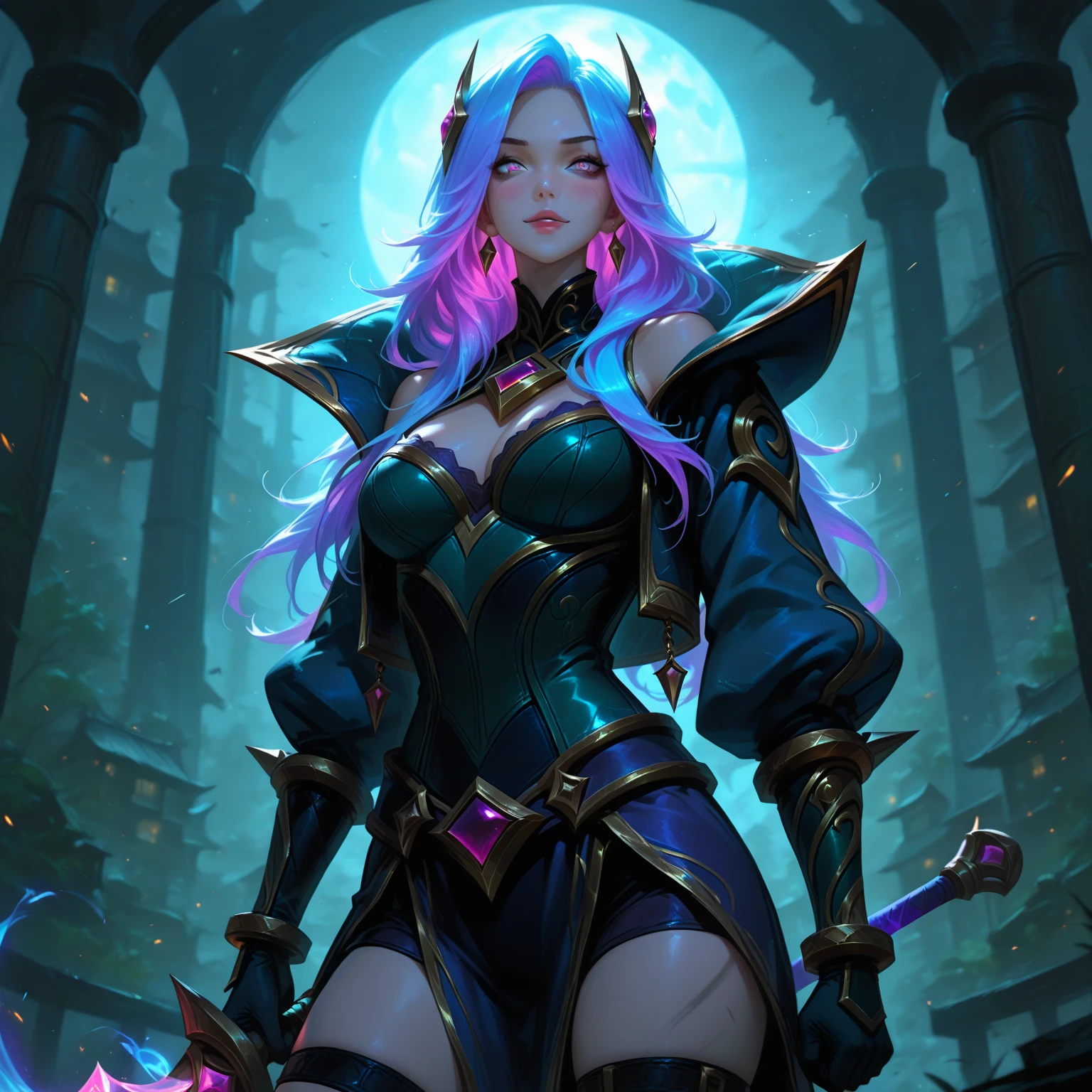 masterpiece, highest quality, (solo focus), (perfect face:1.1), (high detail:1.1), (hyper detailed eyes), dramatic, a tiefling womam with pale skin and long voluminous white hair, purple eyes, solo, long hair, purple horns, toned body, athletic body, moon, night, metal-plated armor, arrogant expression, forest, detailed background, cinematic lighting