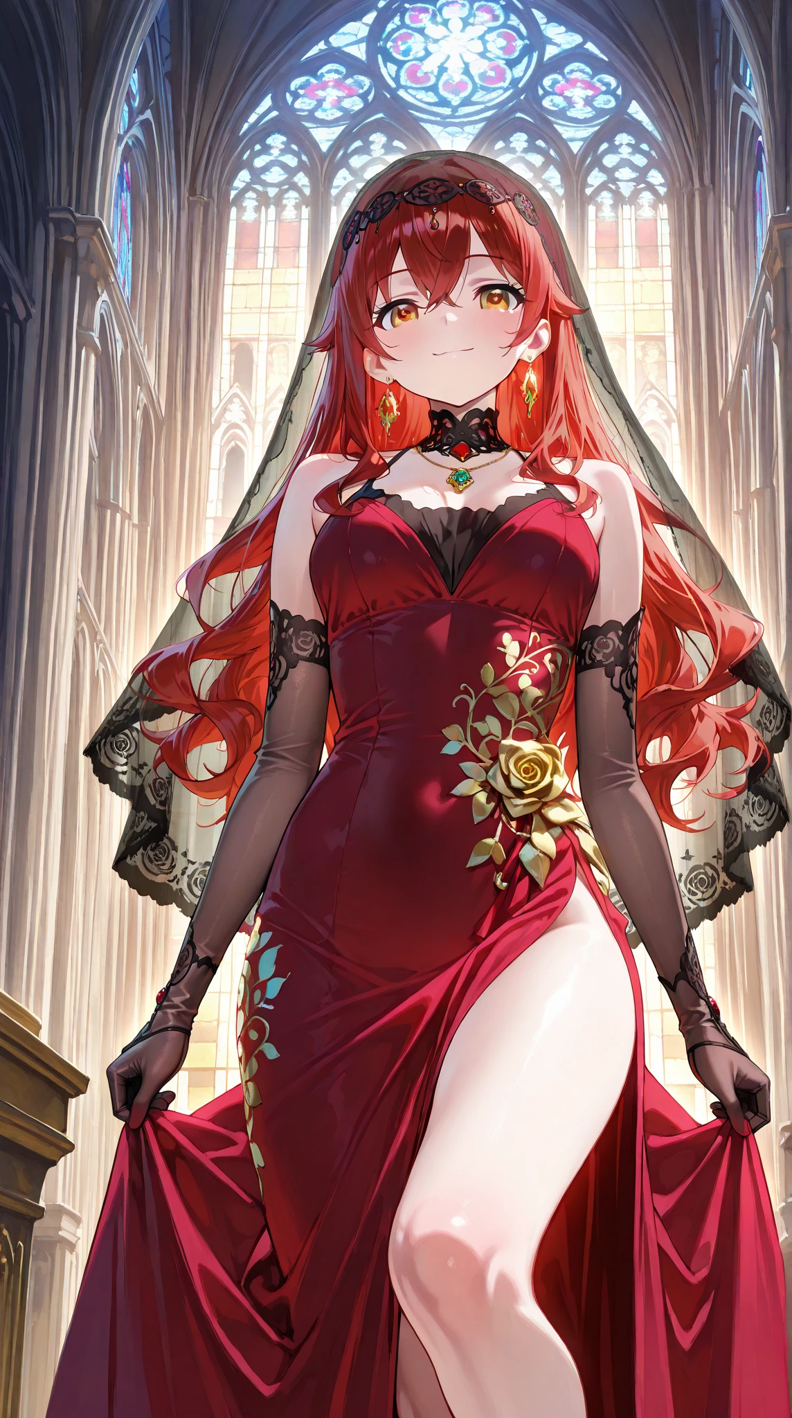 Highest quality、devil、Long Red Hair、Black Dress、Big Breasts、Lots of lace、Fluttering Skirt、red heels、Long skirt、The eyes are large、Lipstick is red、from the front、Draw the face clearly、Your hands are clean
