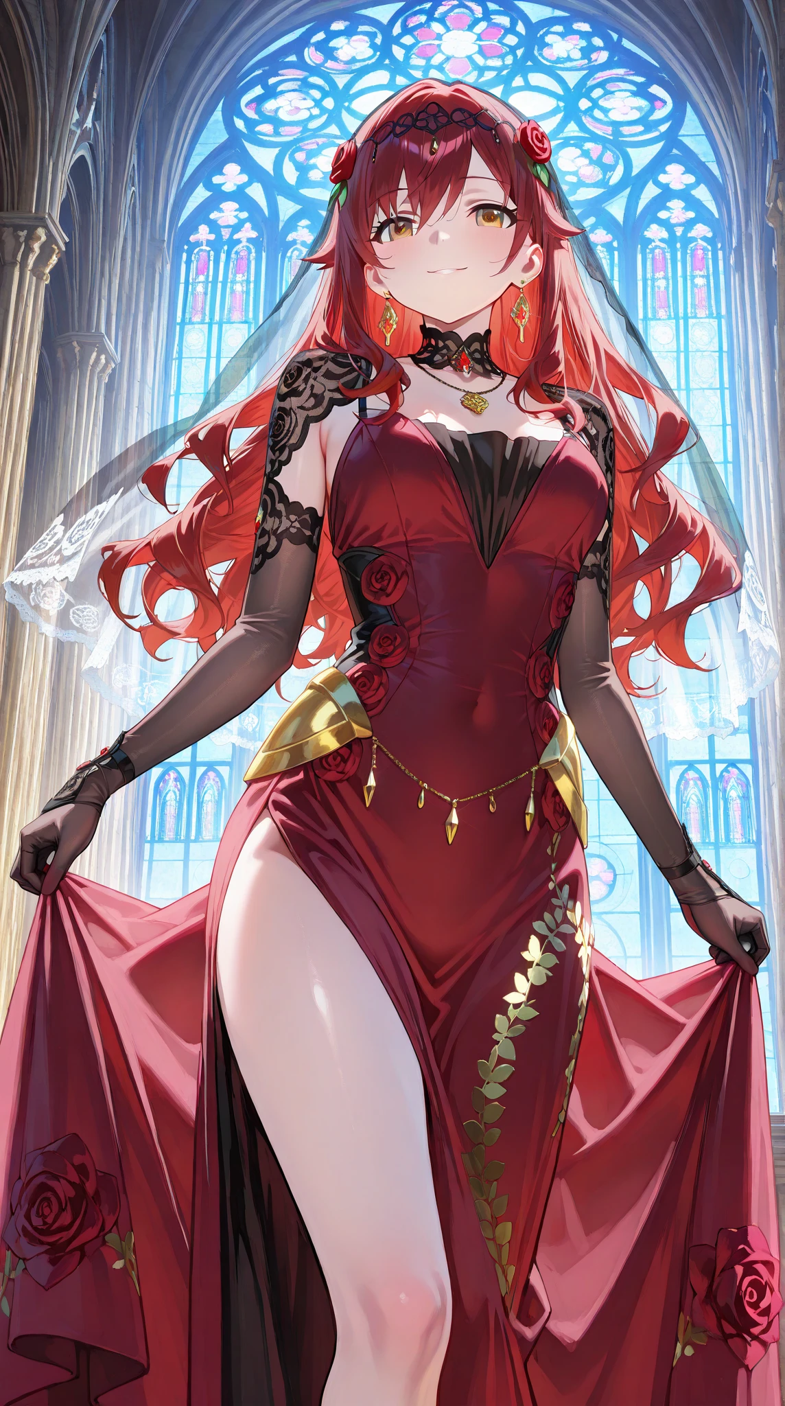 ((best quality)), ((masterpiece)), (detailed), perfect face, queen, castle, red hair,
long hair, long dress, tall, medium breast