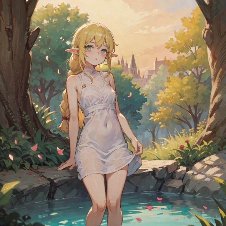 young man, (((male))), (((one person))), single, solo, (((very light blonde hair))), (((pink colored eyes))), (medium short hair), wavy hair, slim body, ((flat chest)), wearing fantasy clothes, fantasy style, (((wearing flowers in his hair))), ((pointy ears)), flowers, sunny weather, smiling, (light pink eyes), river in the background, (masculine face), masculine clothes
