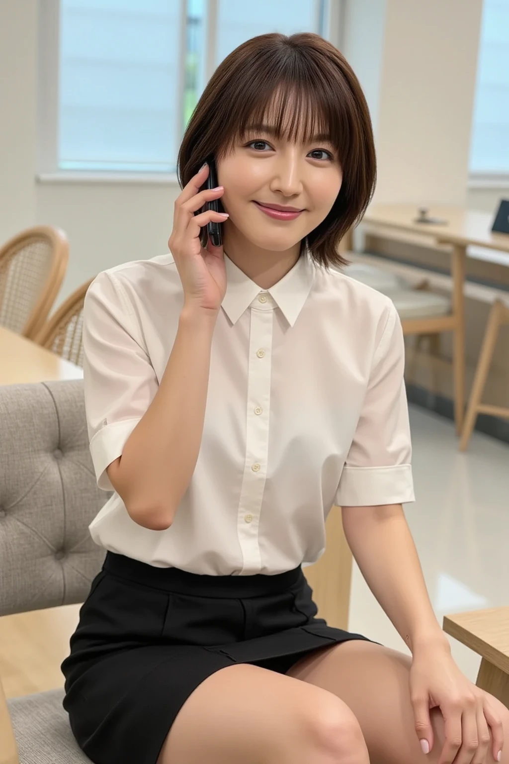 (highest quality,16k,High resolution,masterpiece:1.2),Very detailed,(Realistic,photoRealistic,photo-Realistic:1.37)The most beautiful woman in the world、Beautiful, clear white skin、whole body,18-year-old,Beautifully detailed face,Detail View,Renaissance art,A delicate work of art,1 Japanese female,OL、office、Mid Shot、Adorable smile、officeの服装、Black Hair、Business shirts、Tight shirt、A little chubby、Grey tight skirt、mini skirt、panties、pumps,highest quality,Very delicate and beautiful 8K,非常にHigh resolution,,Beautiful detailed girl,Realistic、officeの中、officeのSit on a chair、Computer Desk、Beautiful appearance、Sit on a chair、Spread your legs、Spread your legs、panties、I can see your thighs、