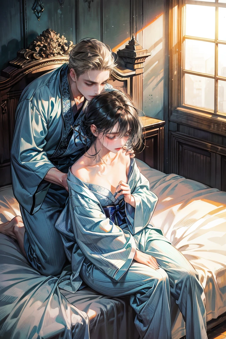 romantic and intimate scene of a man and woman on a bed. The image should emphasize their connection and affection, capturing a moment of closeness and tenderness. The scene should be depicted with a sense of softness and elegance, with a focus on their expressions and the gentle interaction between them. The setting should be cozy and warm, with soft lighting that enhances the emotional atmosphere while maintaining a respectful and artistic portrayal of their intimacy. 