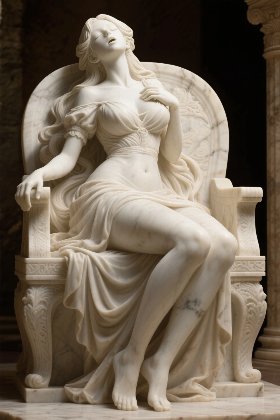 Create very realistic octane rendering style marble statue depictions,Depicts a beautiful woman standing, Gracefully pose with culture. Tiny details and precise proportions are essential to capture aesthetic and aesthetic perfection. The statue should display realistic textures and reliefs, Imitation of marble and its nuances. The lighting must be carefully configured,Elevate the personality of the statue, Realistic shadows give depth to the composition. 20-year-old statue of the goddess,Marble texture,Escultura,anaglyph,bath,Full body like,The details were perfect,Perfect look,depth of fields,Full-figured,cleanness,ssmile,Emphasize the delicacy and sensuality of the pose. Every detail of the statue, From facial features to the folds of the veil, It must be precisely engraved. Symmetry must be impeccable, Reflects the classical aesthetic of the sculpture. Chinese style should be emphasized, Capture the elegance and harmony of the human form. Images must be rendered at 8K UHD using octane rendering, Ensure extraordinary clarity,Appreciate every detail. The final scene should be a visual masterpiece that celebrates feminine beauty and sensuality, The timeless elegance of the Greek style is embodied in the expression of artistic sophistication