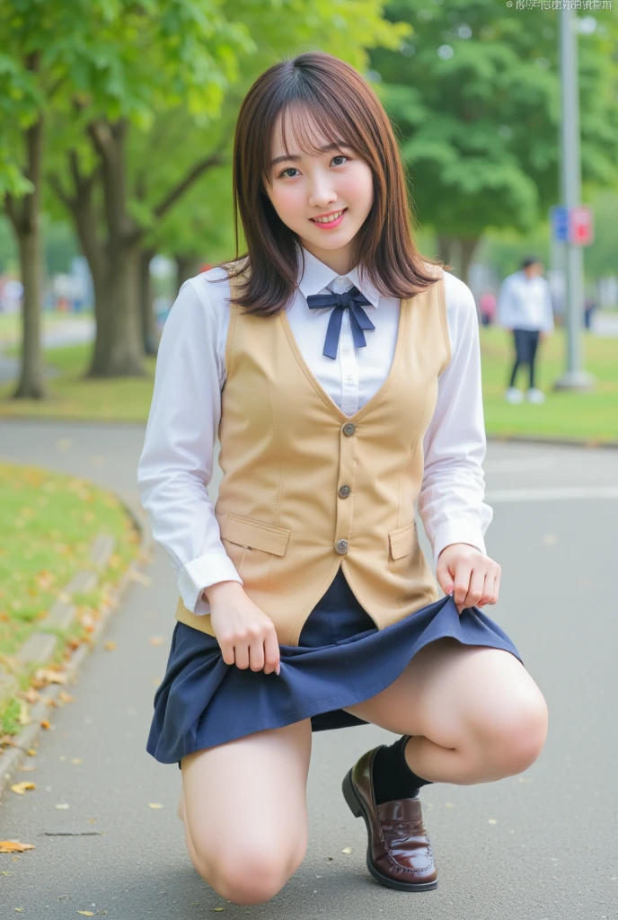 (RAW Photos, Highest quality), (Realistic, photo-Realistic:1.3), masterpiece, Very delicate and beautiful, Very detailed, CG, Unity , 2k wallpaper, wonderful, In detail, A light smile, Very detailed CG Unity 8k wallpaper, Large file size, Super detailed, High resolution, Absurd, Soft Light, (((Medium Hair:1.3), Short bangs, Black Hair、Floating hair NovaFrogStyle)), Beautiful detailed girl, Detailed fingers, Very detailed eyes and face, Beautifully detailed nose, Beautiful fine details, Long eyelashes, Light on the face, View Viewer,((Smile:1.4)),((School uniform:1.5)), (((Roll up the skirt yourself))), (I lifted it myself), ((Showing off panties:1.5)) , Panties focus, One girl, cute, young, Mature Face, (whole body:1.3), Realistic face, Realistic body, Beautiful thigh details,