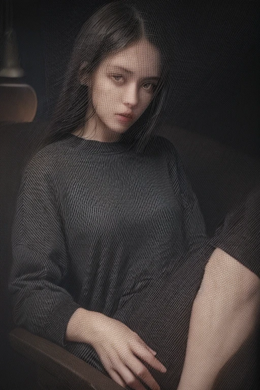 A 10 years old girl with pale skin and long, straight black hair. large and dark eyes , with an intense and enigmatic expression. Wearing tight black clothes, with a more elegant and sophisticated touch, something that matches her mysterious and strong personality. Overall, her appearance would be striking, attracting curious and intrigued looks. flat chested, cinematic lighting, chromatic aberration, backlighting, masterpiece, high details, high quality, 4K.