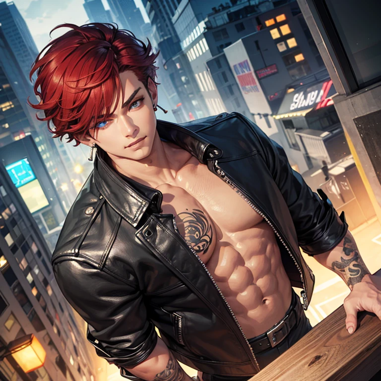 dark skinned male, a light stubble, medium-sized shoulder-length red hair , piercing pitch black eyes, a black cargo hooded jacket with no shirt underneath, and black ripped jeans