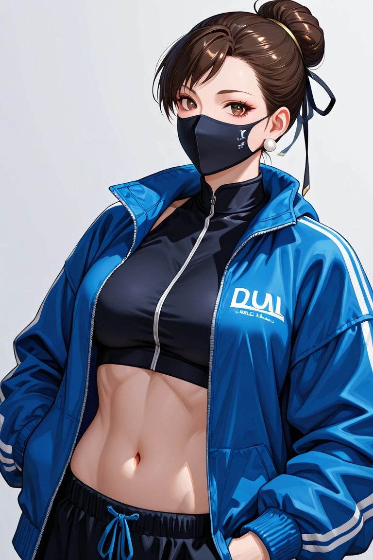 1girl, short black messy hair, blue eyes, medium breast, dark purple jacket, pink crop-top, face mask, serious, solo, best quality, masterpiece, portrait, simple background, looking at the camera, from the front, detailed, perfect anatomy, detailed art, high definition, 4k, high resolution