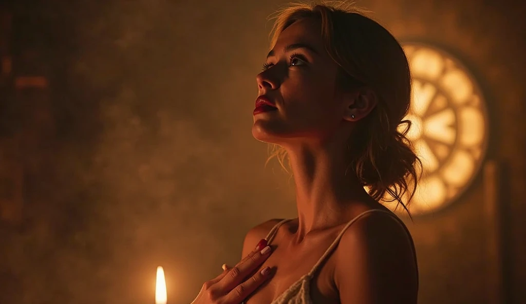 cinematic film still ((Eye-level angle (from the side) view Extreme Close shot (focus on head))),Pitch black room with no lights, golden ratio face, golden ratio body, blonde straight hair, medium saggy natural breasts, hard nipples, thigh gap, left arm is cybernetic, naked close up, gun in hand, candle lit scene, extreme contrast, chiaroscuro, masterpiece, style by nty,mad-sincity, 1940s, noir ,highly detailed skin,vellus, shallow depth of field, vignette, highly detailed, high budget Hollywood film, cinemascope, moody, epic, gorgeous,