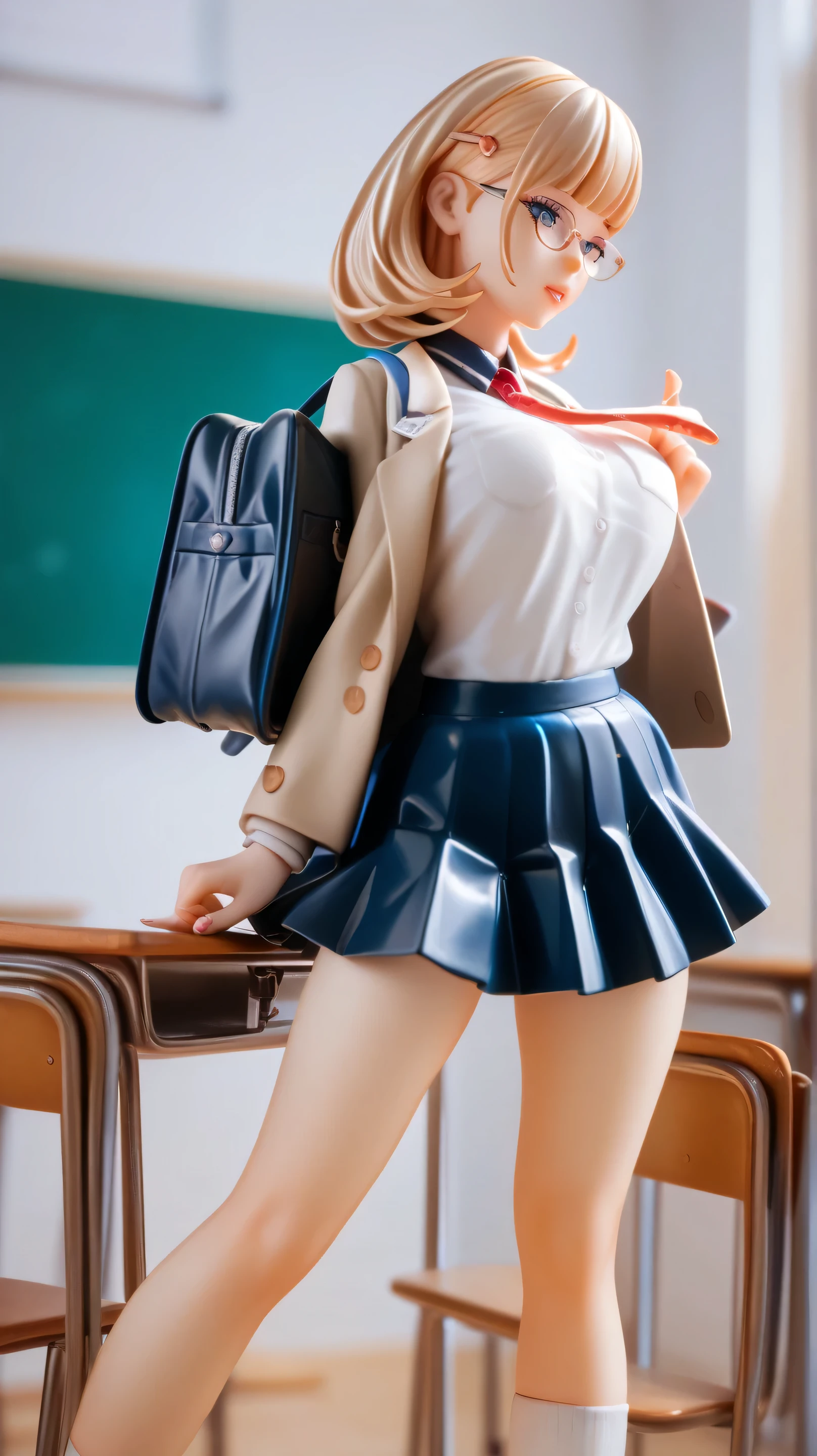 A PVC figure model of a popular anime busty schoolgirl, posed in a classroom setting with textbooks and a schoolbag scattered around her, with realistic lighting