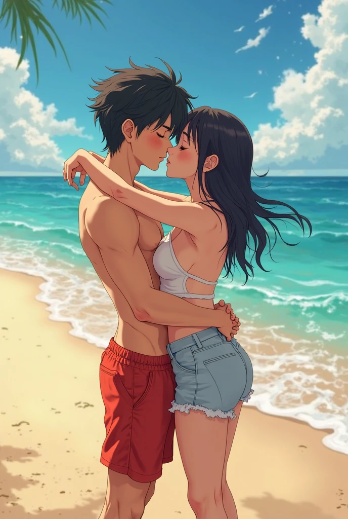 (Masterpiece, High Quality, Couple:1.5, Anime Style), (1boy with dark skin, 1girl with white skin), Intimate Kiss, Radiant with Love, (Cute, Adoration written all over their faces), Sun-Kissed Beach, Warm Sand Between Toes, Clear Blue Water, Intimate Moment Captured, (Passionately in Love), (Seaside Serenity), Locked in a Tender Embrace, (Emotional Connection), Sunset Glow, (Captivating Scene of Love and Adoration)