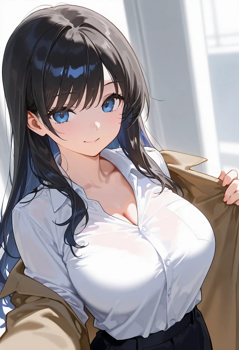 masterpiece, best qualityï¼ <lora:mayi:1>ï¼1girl, solo, breasts, on_side, long_hair, lying, cleavage, looking_at_viewer, smile, hair_ornament, blue_eyes, shirt, hairclip, school_uniform, medium_breasts, skirt, white_shirt, black_hair, blue_skirt, long_sleeves, jacket, closed_mouth, bangs, collarbone, white_background, blush, brown_jacket