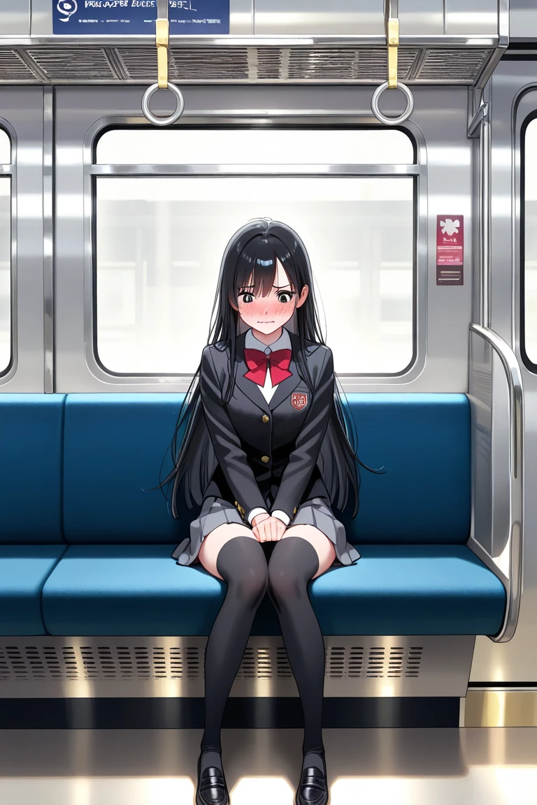Girl sitting on train 、Suit skirt、Smaller chest、(open one's legs:1.4)、(I can see panties:1.3)、embarrassed from、NSFW