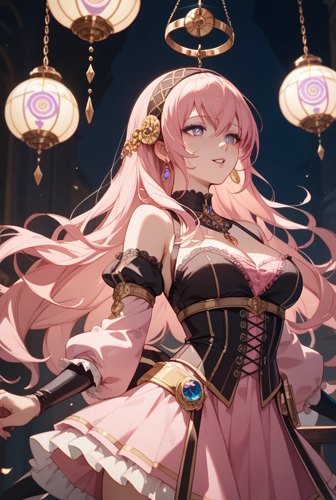 masterpiece,best quality,extremely detailed CG,ultra-detailed,1woman,dragon woman,smirk,eyeshadow,face tatoo,sexy make up,tan skin,pink hair,heterochromia,yellow eye,dark red eye,dress armor,