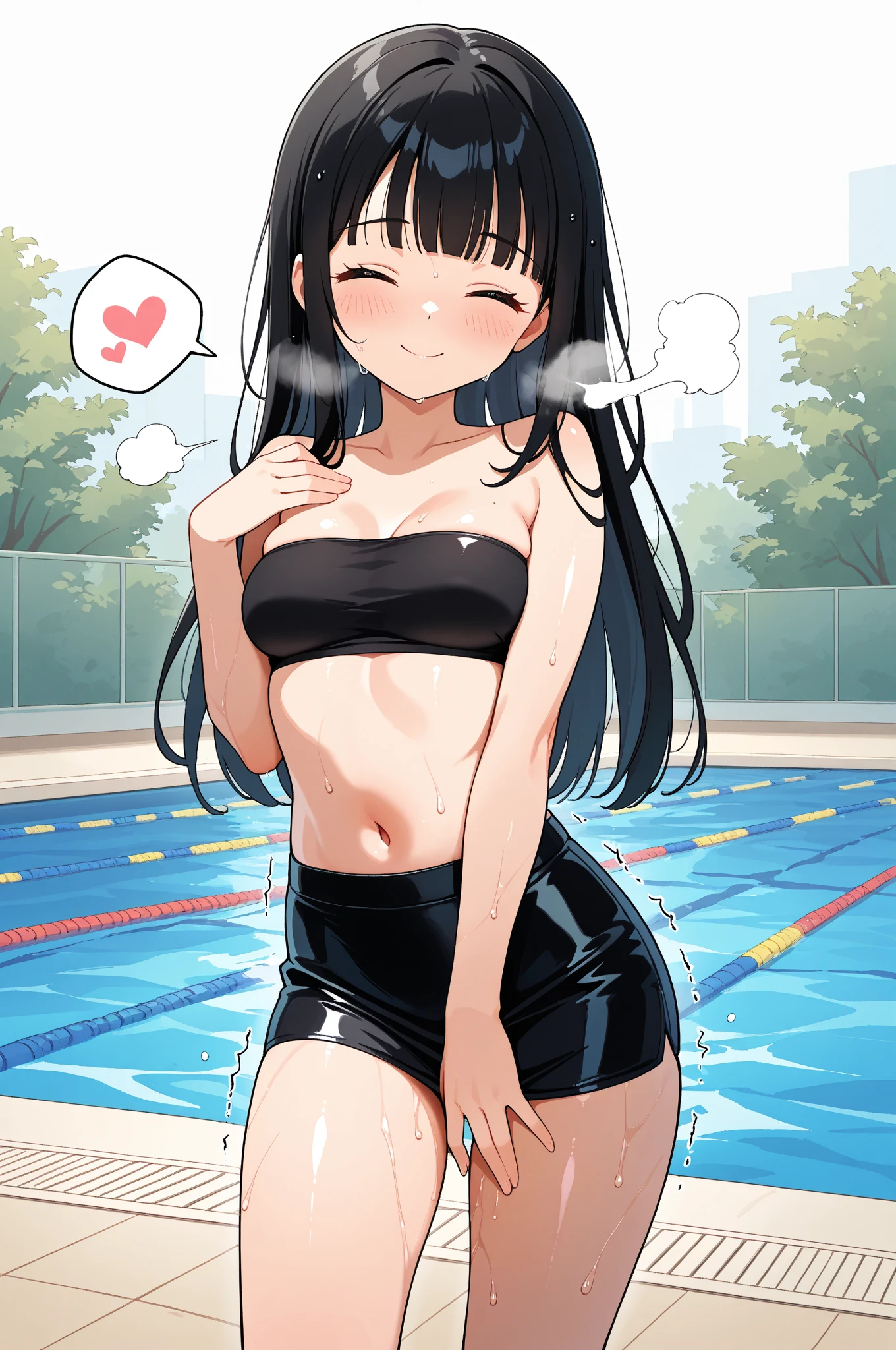 The stunning Chitanda Eru, purple eyes, black hair, Naturally straight hair, straight bangs, extremely refined, straight facial features, Peerless beautiful girl, soft, (Sensual), (kawaii), dream quality, White translucent swimsuit,in the swimming pool,Expose the whole body,show navel,showing clavicle,Camel toe exposed,The wet body is dripping water,Smooth and fair skin,smooth hair, exaggerated facial features, shining eyes,delicate face, Bright lips open slightly, thin waist, soft curves, Real light and shadow, Ultra-fine, 4K, move naturally, ultra high resolution, (masterpiece:1.2, best quality), (Exquisite and beautiful eyes: 1.2), (Beautiful and delicate face)