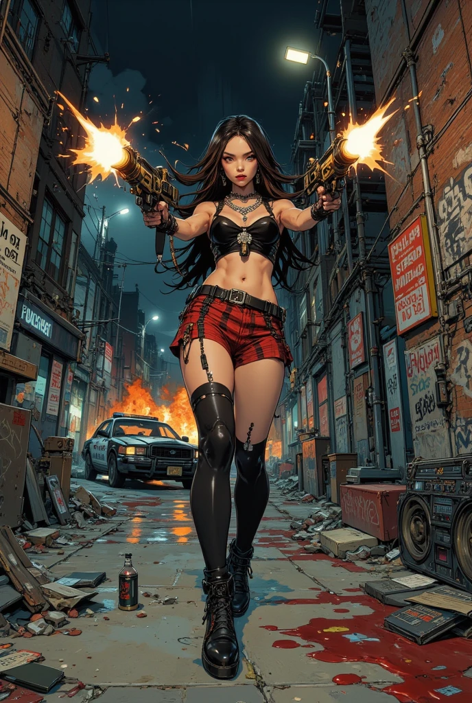（Giant Elements、High resolution、High resolution、high quality、Accurate body structure、Detailed body、Barefoot woman）、(Fierce devil woman lifting a car:1.6)、(Destroyed cars:1.6))
