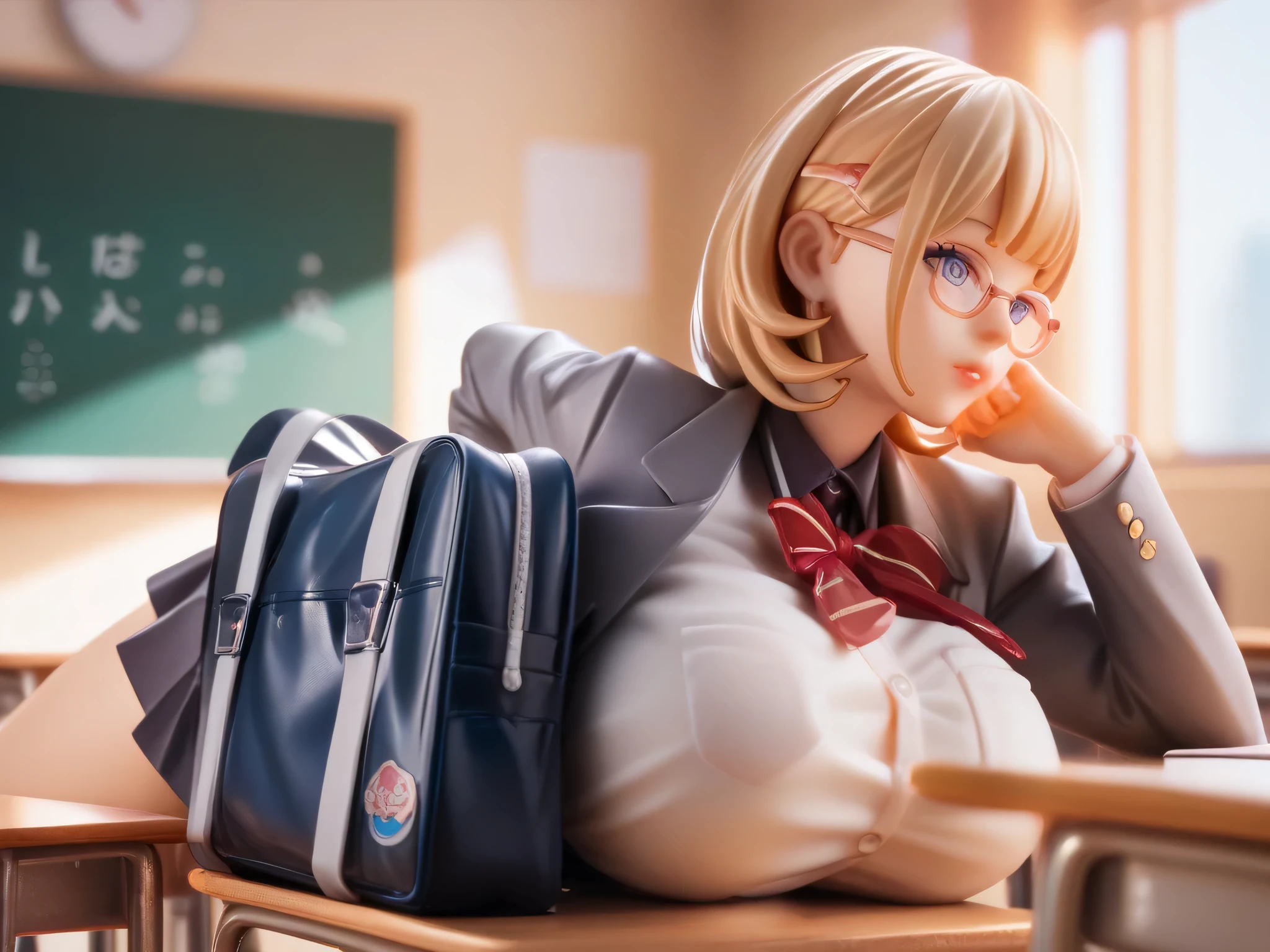 A PVC figure model of a popular anime ultra busty schoolgirl with huge bust size, lying facing down in a classroom setting with textbooks and a schoolbag scattered around her, with realistic lighting