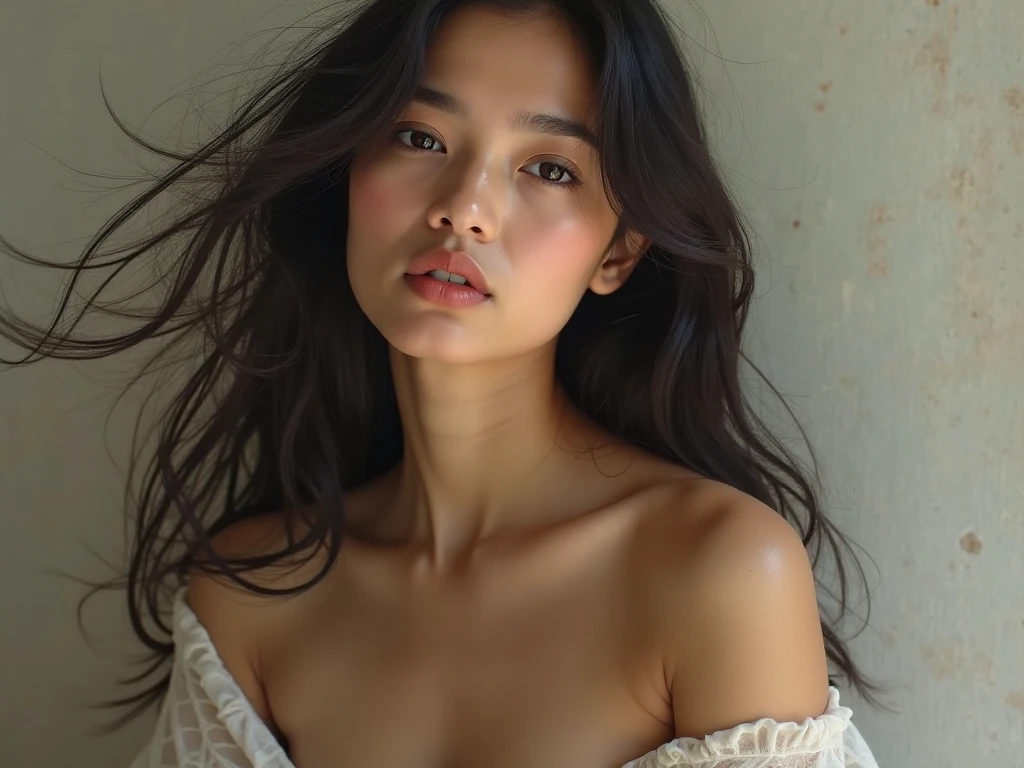 one 30 years old hong kong woman, closeup, beautiful woman, realistic skin, black hair, long straight hair, white overshirt, plain white bra, realistic hand, white wall background, mouth breathing
