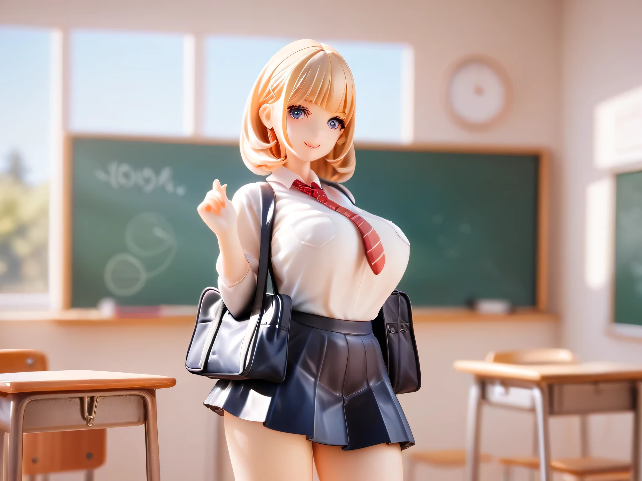 A PVC figure model of a popular anime busty schoolgirl with huge bust size, posed in a classroom setting with textbooks and a schoolbag scattered around her, with realistic lighting