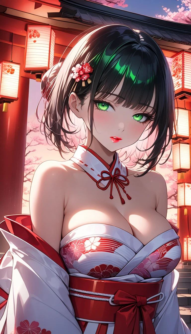 (masterpiece, best quality:1.2), (1girl, solo), 18years old, upper body, (black kimono, undressing, bare shoulder, black bikini bra), (black hair, single bun), (red demon horns, red eyes), victory sign, side view, looking at viewer