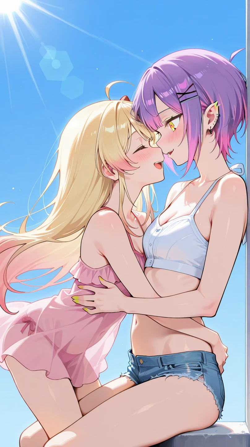 Two women, two women doggy style. Yamanaka Ino, blond hair, long hair, naked, doggy style, medium glutes, medium breasts, small nippless, Pussy dripping, fingering pussy, smiling face, on the bed, bedroom, Back. Haruno Sakura, pink hair, long hair, naked, doggy style, medium glutes, small breasts, small nippless, Pussy dripping, fingering pussy, face of joy, on the bed, bedroom. sunrise