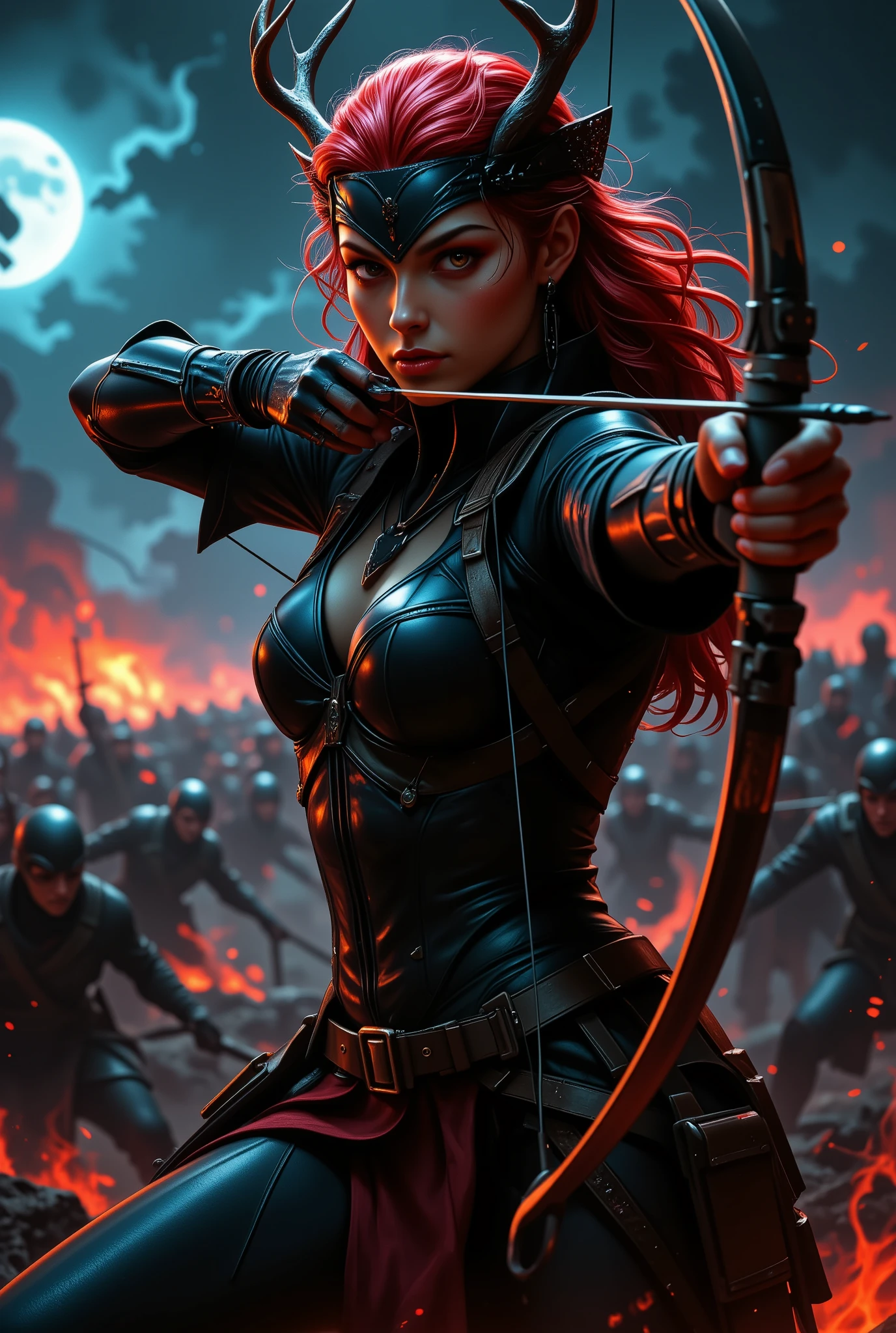 ArcaneFGTNR, Sci-fi mech, neon brushstrokes, vibrant electric tones, glowing patterns, futuristic textures,
The Huntress, red hair flowing and antler headdress adorned, aiming her bow in a chaotic battlefield. She wears native American attire and her expression is one of intense focus. The battlefield is filled with clashing warriors and mythical beasts under a dramatic, stormy sky.,
in the style of hauntingly atmospheric dark fantasy, VHS, horror, 80's horror with vibrant colors
, radiant abstract, high-tech details, cybernetic brilliance, luminous fusion
