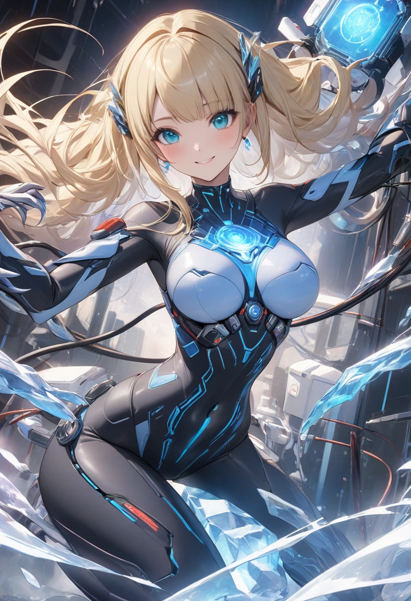 4K,High resolution,one woman,cream hair,long hair,blue eyes,big breasts,Valkyrie,blue tight cyber suit,hat with feathers,cyber headgear,cyber japanese sword,city of the future