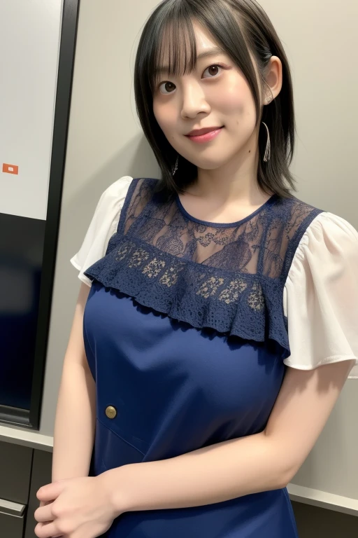 Medium display, Medium Shot, Written boundary depth, bust, Upper Body, Movie angle, masterpiece, Highest quality, Very detailed, CG, 8k wallpaper, Beautiful Face, Delicate eyes, Otome, alone, smile, bangs, skirt, shirt, have, Cobalt blue dress with gold trim, Laugh mischievously、Floral Background