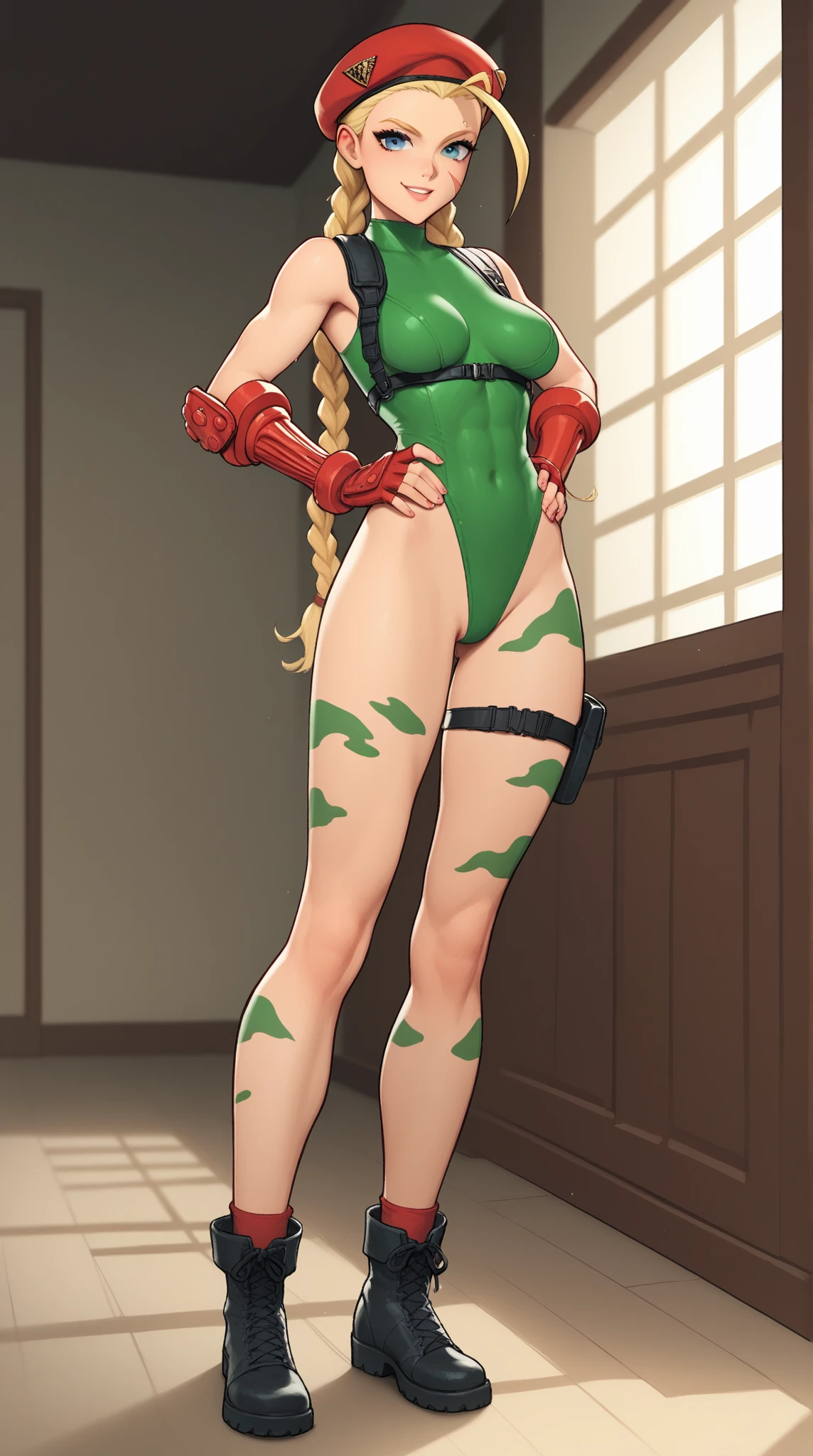 masterpiece,best quality,game cg,ultra-detailed,detailed light,detailed eyes,collarbones,smile,(1girl),solo,open mouth,kawaii,cute girl,leotard,athletic leotard,((highleg leotard)),((green leotard:1.2)), shiny clothes,shiny hair,Bare legged , Oily skin, Detailed skin,delicate face,delicate hair, black hair, straight long hair, large breasts, dynamic_angle,ruins,