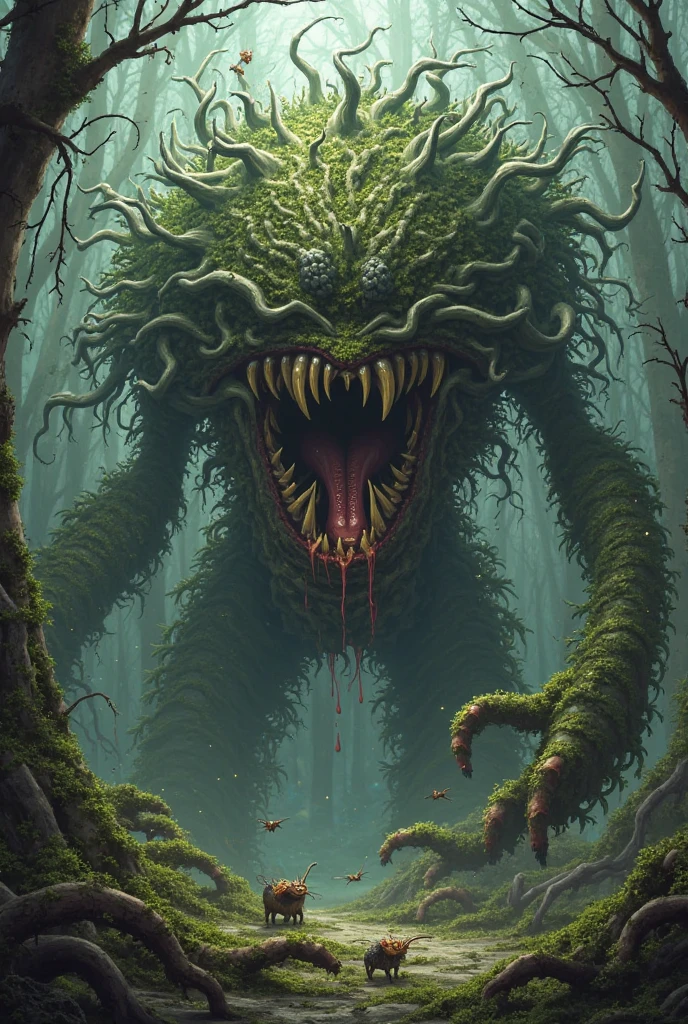 Create a terrifying monster in a dark, foggy forest at night. It has sharp fangs, glowing red eyes, long claws, and slimy, scaly skin. Its twisted limbs give it an eerie, menacing stance. Dim moonlight casts eerie shadows, enhancing the sense of dread and danger it emanates.