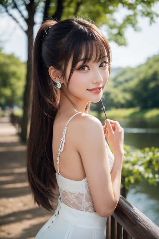 body shot,Outdoor,micro bikini,resort Beach,Ultra-detailed, finely detail, hight resolution, 8K Wallpaper, Perfect dynamic composition, Beautiful detailed eyes,,Close-up of face,,Blushing,Facing forward,Long hair ponytail,((8k, Raw photo, Best Quality, Mastepiece:1.2), (Realism, Photorealistic:1.4), (Highly detailed 8K wallpapers), Depth of written boundary, Cinematic Lighting, Soft Light, Detailed Beauty Eye,Shiny and smooth light brown ponytail, Asymmetrical bangs, Shiny skin, Ultra-detailed skins ,It is high resolution., High detail, Detailed hairstyle, Detailed facial beauty, Hyper-realistic, Perfect limbs, Perfect Anatomy ,Of Japanese,Famous Japanese Idols, Perfect female body,A shy smile,Short eyelashes,Double-edged eyelids,Look straight here,Hair style: ponytail,